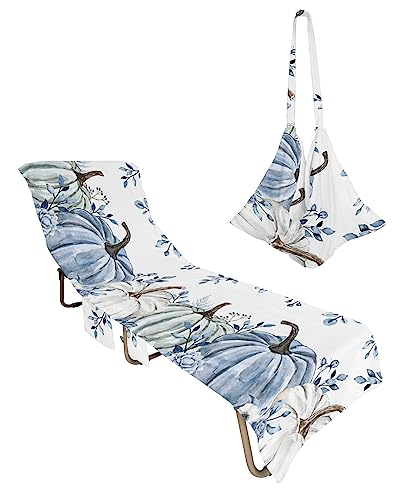 Blue White Pumpkins, Beach Lounge Chair Towel Cover, Soft Chaise Lounge Towel with Side Pockets Patio Pool Chairs Cover for Beach/Pool Sunbathing 29x85 Retro Fall Thanksgiving Eucalyptus Leaves