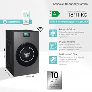 Samsung Lavasciuga Bespoke AI Laundry Combo WD18DB8995BZT2, 18+11 kg, Wifi, Pompa di Calore, Super Speed, Display AI home, AI Wash & Dry, Carica Frontale, 68.6l x 11h x 87.5p cm