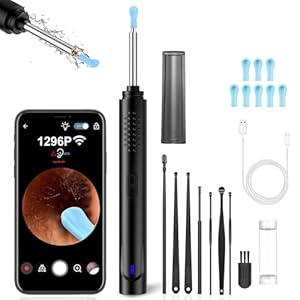 Ear Wax Removal, Ear Cleaner with Camera with 1296P, Earwax Removal kit with 9 Ear Pickand 8 Traditional Tools, Built-in WiFi lP67 Waterproof, Ear Cleaning Kit foriPhone,iPad,Android (Black)