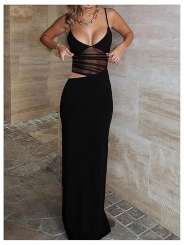 Women's Sheer Mesh Cut Out Maxi Dresses V Neck Sleeveless Patchwork Cami Summer Bodycon Dress4