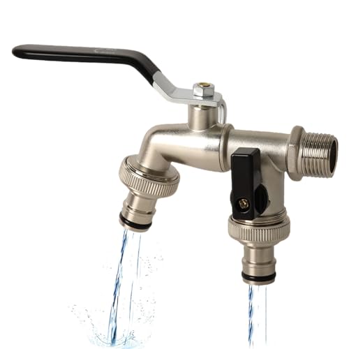 Image of HASTHIP Water Tap, Garden Faucet Splitter, 1 in 2 Out Zinc Alloy Hose Y-Connector, Dual Water Tap Adapter with Individual Shut-Off Valves for Garden, Lawn & Outdoor Irrigation