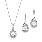 Mariell Pearl Necklace and Drop Earrings Wedding Jewelry Set for Brides, Bridesmaids, Birthday Gift