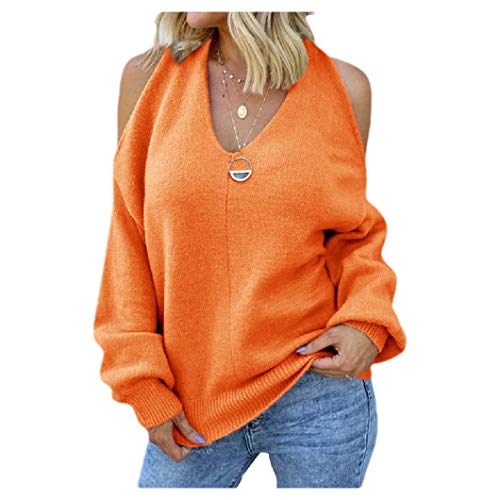 VITryst ニットVネックコールドショルダーセーター Orange