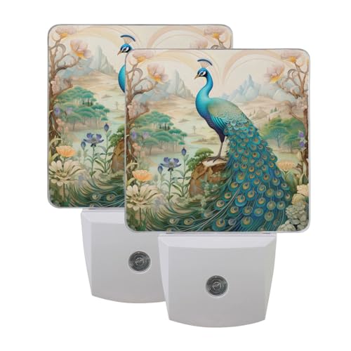 Image of Peacock Garden Night Lights 2 Pack Plug-in Wall Led Nightlight Auto Dusk-to-Dawn Sensor Lamps for Bedroom Kitchen Bathroom