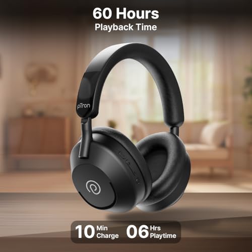 Image of pTron Studio Ultima w / 60Hrs Playtime, Dual Device Pairing, 40mm Drivers, Custom EQ, Mobile App, Wireless Over Ear Headphones w /HD Mic & TruTalk AI-ENC Calls, BTv5.4 & Type-C Charging (Jet Black)