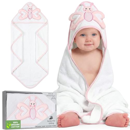 Image of Mother's Choice Baby Towels 100% Organic Cotton Hooded Design, Large Size Baby Bath Towels, Ultra-Soft & Absorbent for Newborns, Infants, Toddlers, Boys & Girls with Animal Hood (Butterfly)