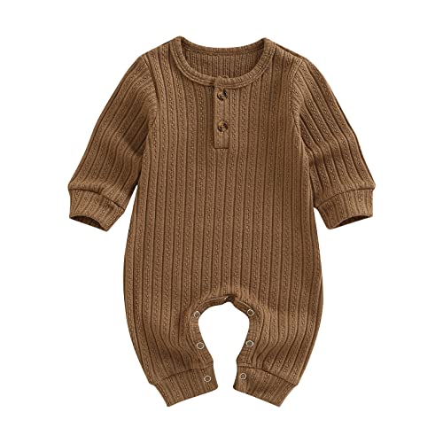 Image of Ynibbim Winter Newborn Baby Boy Girl Solid Romper Unisex Infants Hooded Outfit Clothes Waffle Cotton Button Jumpsuits