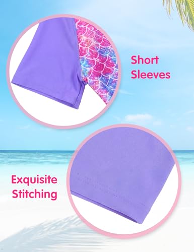Image of Girls Swimsuit Colorful Short Sleeve Bathing Suits UPF 50+ Rash Guard Set Two Piece Summer Swimwear