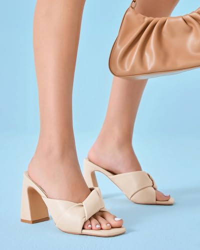 Image of Coutgo Womens Chunky Heeled Mules Puffy Knot Square Open Toe Slip On Sandals Summer Evening Party Prom Shoes