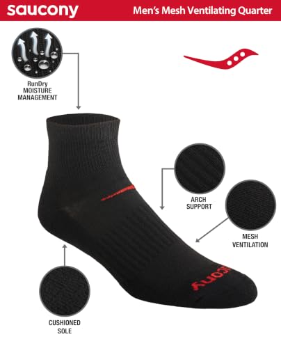 Image of Saucony Men's Rundry Mesh Ventilating Comfort Fit Performance Quarter Socks (6, 12 Pairs)