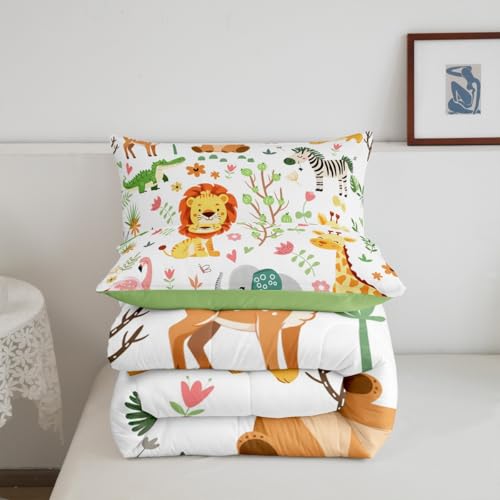 Image of Feelyou Toddler Size Cartoon Lions Giraffe Comforter Set Zoo Animals Bedding Set Flamingo Zebra Comforter for Kids Boys Girls Kawaii Animals Duvet Insert 2Pcs