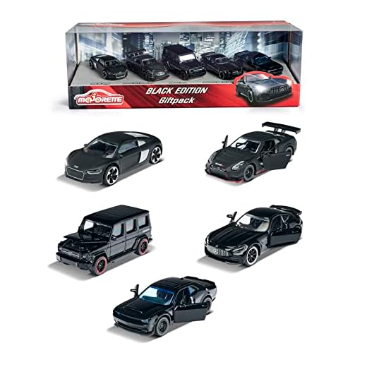 Majorette-212053174 Majorette- Set 5 Coches Black Edition, Hechos en metal Funcdido a presión, 7,5cn, Partes que se Pueden Abrir, Para Niños a Partir de 3 Años, Color (212053174)
