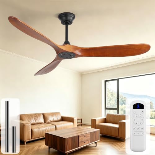 Image of Sofucor 60 Inch Wood Ceiling Fan No Light with Remote, Modern, 3 Blades | Without Light, Quiet Reversible DC Motor, 6 Speed, Timer, Indoor /Covered Outdoor /Bedroom /Living Room /Patio /Farmhouse, Brown