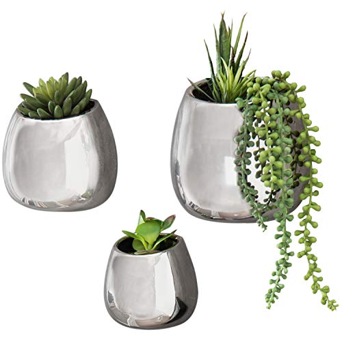 Mygift Set Of 3 Contemporary Wall Mounted Metallic Silver Ceramic Plant Vase/Succulent Planter Pots #TOP2