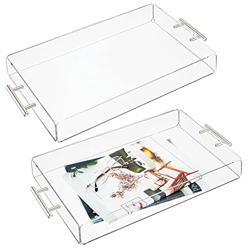 mDesign Modern Acrylic Rectangular Serving Tray with Handles for Food, Tea, Coffee, Breakfast, Snacks, Cheese, Appetizers - Use in Kitchen, Bathroom, Office - Small, 2 Pack - Clear/Stainless Steel