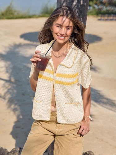 Image of Yousify Womens Casual Summer Short Sleeve Sweaters Button Down Crochet Knit Tops 2026 Loose Cute Cardigan Sweater