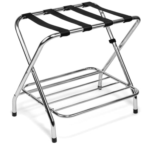 Image of Multipurpose Portable Foldable Stainless Steel Luggage Rack with Shoe Storage Shelf, Heavy-Duty Mirror Finish Frame, Black Nylon Straps, Ideal for Home, Hotel & Travel Use