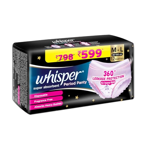 Image of Whisper Super Absorbent Period Panty, 12 M-L Pants, 360 Degree Leakage Protection* for Heavy Flow, Panty like Fit, Full back Coverage, Absorbs Heavy Gushes, Silky Soft, Comfortable Feel