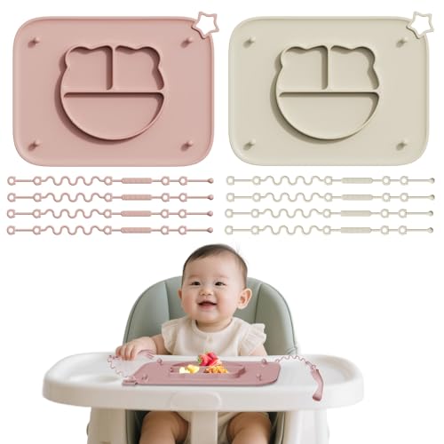 2 Pack Silicone Baby Placemats with Non-Slip Strong Suction Base and Anti-Drop 8 Stretchable Straps, BPA Free Food Grade Silicone Table Mats for Babies Toddlers, High Chair, Dining Tables,Beige+Pink