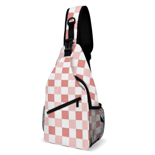 Fashion Traveling Running Casual Chest Bag, Dress Decor Sling Backpack, Shoulder Bag Casual Day Pack Cute Pink Checkered