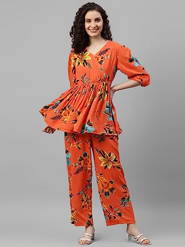 Image of DEEBACO Women's Floral Rayon Flared Tunic & Straight Pants Co-Ord Set for Women V-Neck & 3 /4 Puff Sleeve Ladies Party Casual Wear Fashionable for Girls Relaxed Fit Cord Set (Orange)