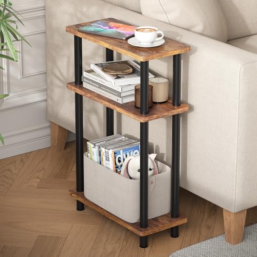 YOUDENOVA Mesa Auxiliar Sofa Estrecha, Mesa Auxiliar de 3 Niveles, Mesita Auxiliar Salon de Estar con Almacenamiento, Ideal para Sala de Estar, balcón, Dormitorio y Estudio, Marrón Vintage