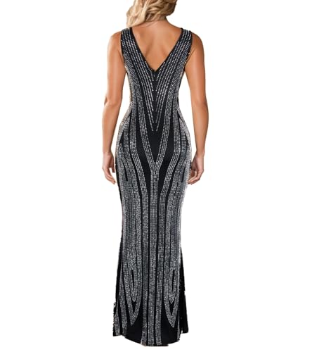 Image of PORRCEY Ladies Sexy Hot Drill Craft Sleeveless Elegant Maxi Dress Party Club Evening Dress(K3187,Black,XL), X-Large