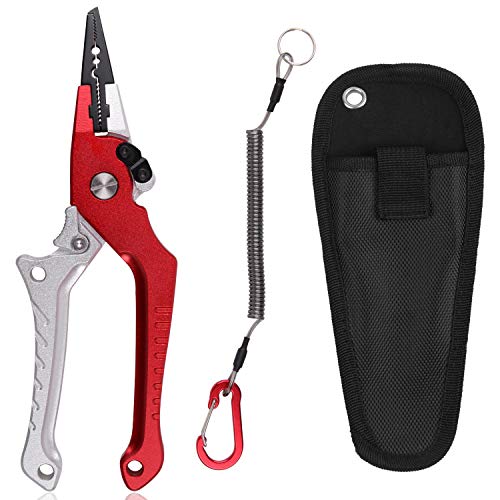 SILANON Aluminum Fishing Pliers Saltwater,Hook Remover Split Ring Fish Pliers Braid Line Cutter Muti-Function Fishing Scissors Tools with Sheath Lanyard