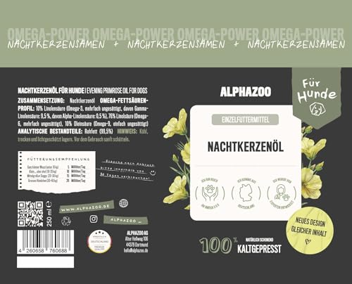 alphazoo Premium Nachtkerzenöl für Hunde 100ml – Kaltgepresstes Futteröl mit Omega-6 & Omega-9 Fettsäuren – Für gesunde Haut & glänzendes Fell