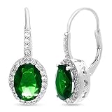 Mia Sarine Rhodium Plated 925 Sterling Silver Oval Simulated Emerald and Cubic Zirconia Bridal Lever Back Earrings for Women Green