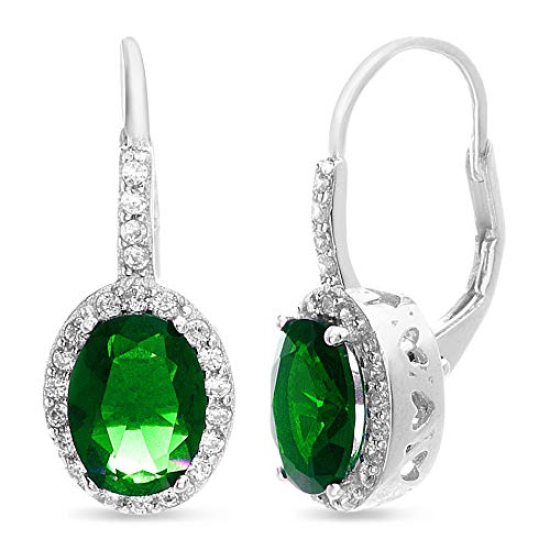Mia Sarine Rhodium Plated 925 Sterling Silver Oval Simulated Emerald and Cubic Zirconia Bridal Lever Back Earrings for Women Green