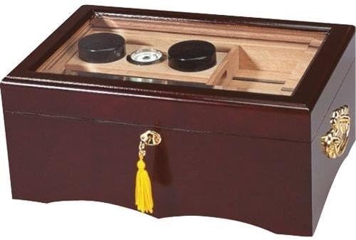 El Rey Premium Quality Desktop Cigar Humidor, Mahogany Finish, Spanish Cedar Tray & Divider, 2 Humidifiers, Glass Hygrometer, Gold-Plated Lock and Key with Tassel