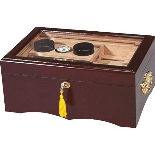 El Rey Premium Quality Desktop Cigar Humidor, Mahogany Finish, Spanish Cedar Tray & Divider, 2 Humidifiers, Glass Hygrometer, Gold-Plated Lock And Key With Tassel #TOP17