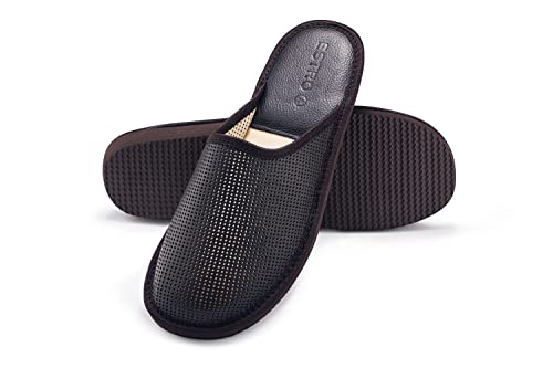 ESTRO Zapatillas Casa Hombre Cerradas - Zapatillas Hombre Casa Cuero Pantuflas Hombre Cuero con Suela de Memoria F20 (Marron Oscuro, 45 EU) Cover