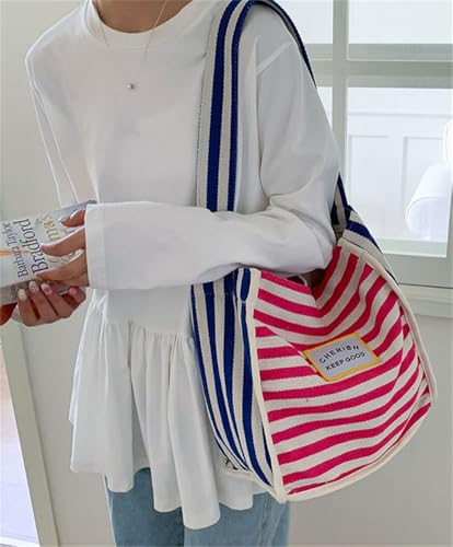 Casual Canvas Shoulder Bag Large Crossbody Handbag Striped Hobo Purse Bucket Satchel Commuting Travel Shopping4