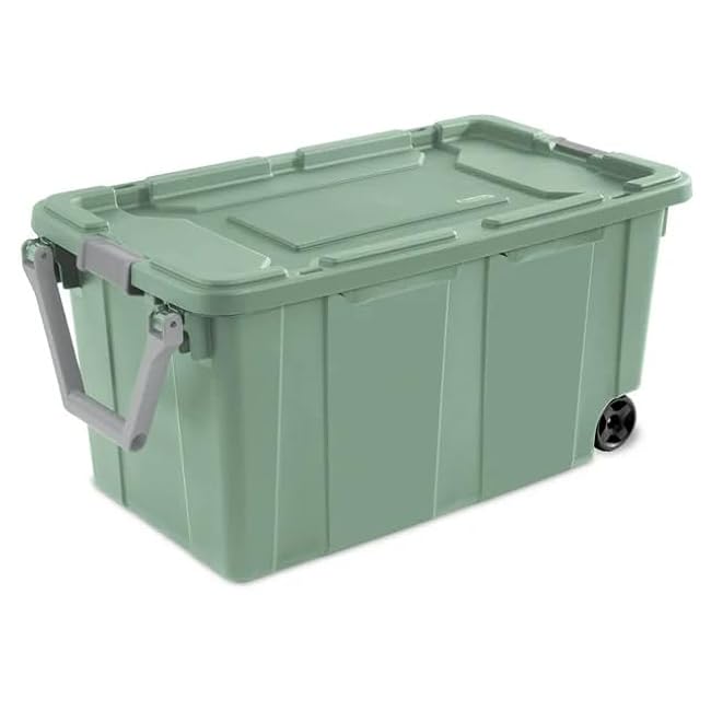 40-Gallon Wheeled Storage Bins (2-Pack) - Heavy Duty Plastic Totes with Lids & Handles - Industrial Garage/Utility Containers for Tools, Camping Gear (36.9 x 21.4) (Green)