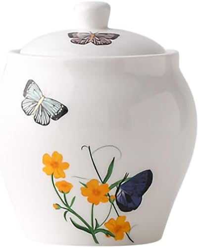 WAIT FLY Azucarero de cerámica con tapa con diseño de mariposa y flor, contenedor de azúcar, tarro de azúcar para encimera de cocina, barra de café