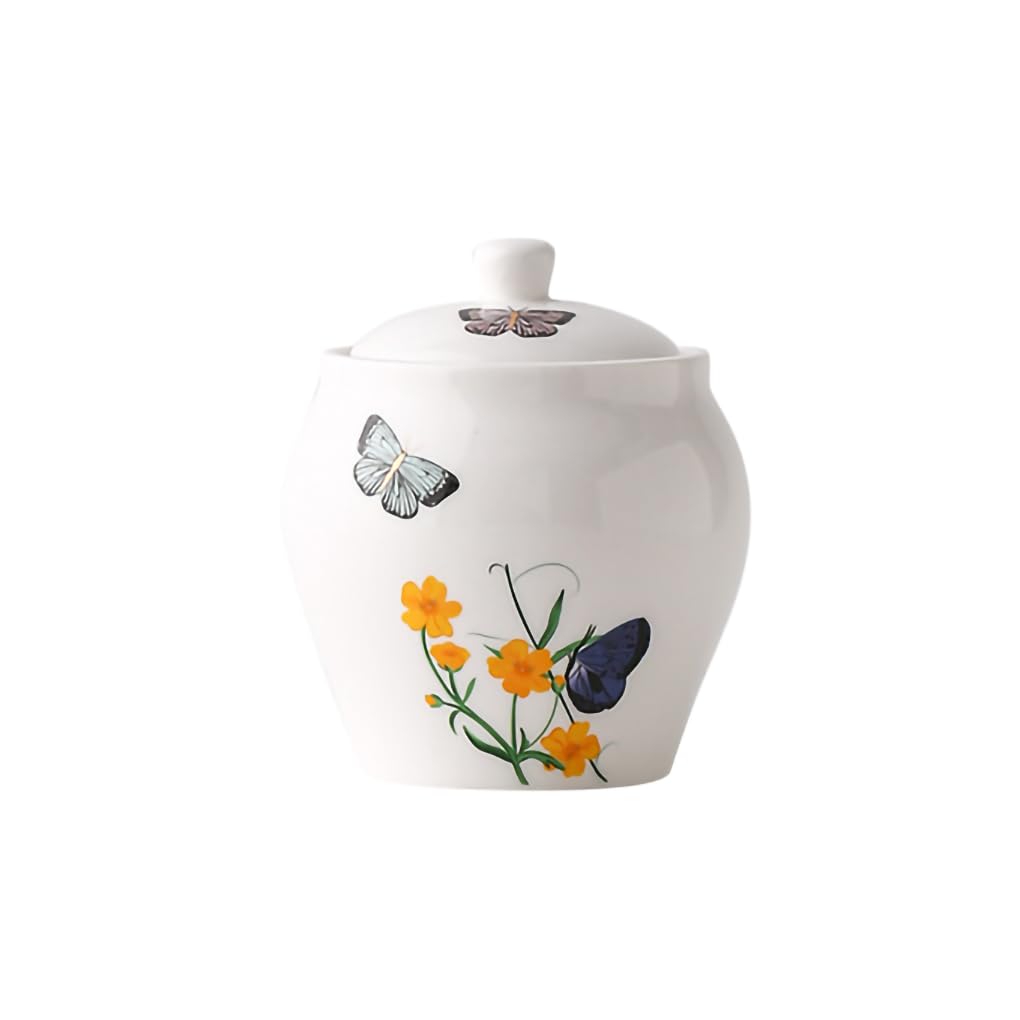 WAIT FLY Butterfly and Flower Ceramic Sugar Bowl with Lid, Sugar Container, Sugar Jar for Kitchen Countertop, Coffee Bar-Sugar Bowl-10 OZ