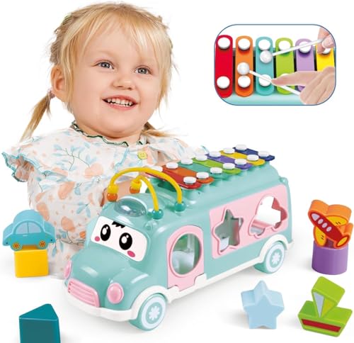 Image of LONGMIRE Plastic Musical Happy Bus Toy Baby Toys 6-18 Months with Xylophone & Shape Sorter Push & Pull Educational and Learning Toys for 1 2 3 4 5 Year Old Gift for Toddlers-Blue
