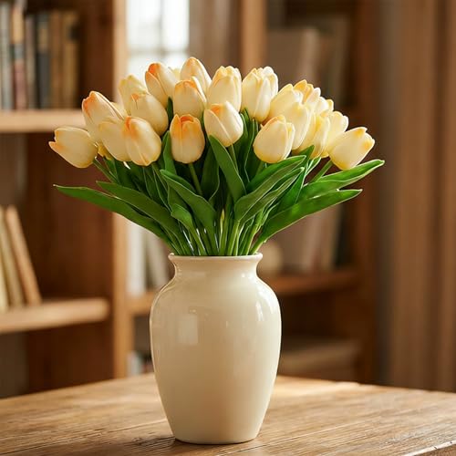 Image of 20Pcs Stems 13.5 Inch Champagne PU Artificial Moisturizing Tulips, Faux Tulips Flowers for Thanksgiving Christmas Decorations Wedding Home Table Vase Floral Arrangements