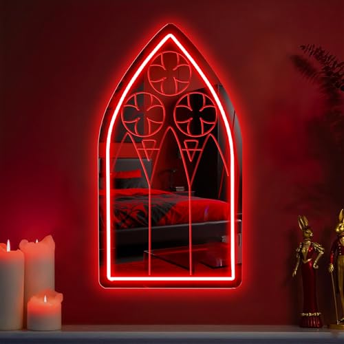 Image of Gothic Window Mirror Neon Sign, Red LED Wall Light - Medieval Cathedral Style Home Decor for Bedroom, Living Room, Bar, Church Events, Gothic Party Backdrop 16.5″ x 9.6″