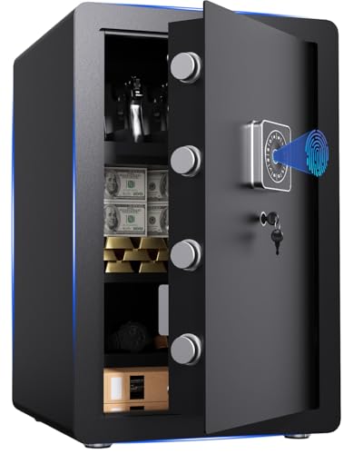Caja de seguridad para el hogar con sistema biométrico, caja de seguridad de 3.4 cúbicos para dinero, joyas, documentos, con función silenciosa y antirrobo, sistema de alarma dual con llave (23.6