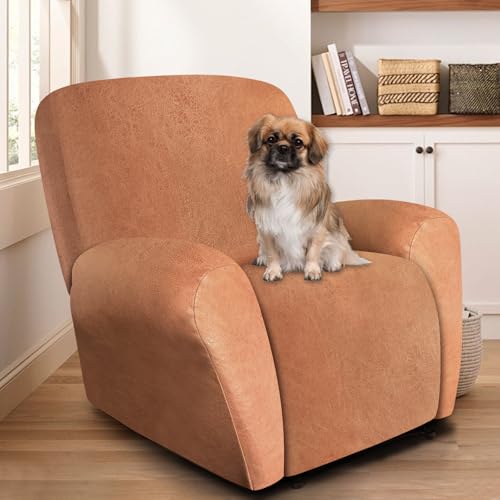 Image of ANARACHON Leather Look Recliner Chair Covers, 4 Pieces Recliner Covers Non Slip, Soft Cover for Reclining Chair, Washable Furniture Protector for Pets (1 Seater, 024 Brown)