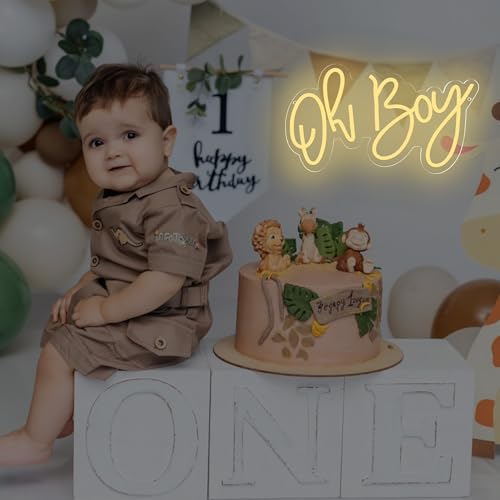 Image of Neon Sign USB Powered for Baby Shower Party Wall Decor, Oh Boy Neon Light Up Sign for Baby Shower Backdrop, White Plastic Neon Sign with Mounting Hardware
