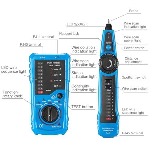 Image of Network Cable Tester, Line Finder with Probe Tone, Wire Tracker Multifunction, RJ11 RJ45 Cable Tracer, Telephone Line Test, Ethernet LAN Network Cat5 Cat6 Cable Maintenance Collation, Battery