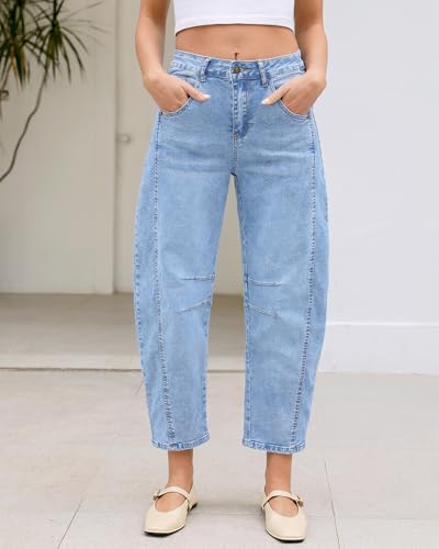 LookbookStore Barrel Jeans for Women High Waisted Cropped Wide Leg Trendy Baggy Distressed Stretchy Denim Jean Pants2