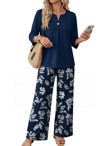 WIHOLL 2 Piece Sets for Women 3/4 Length Sleeve Lounge Sets Summer Spring Beach Vacation Travel Cruise Airport Outfits Matching Women Fashion Clothing Wide Leg Pants Set L - view 1