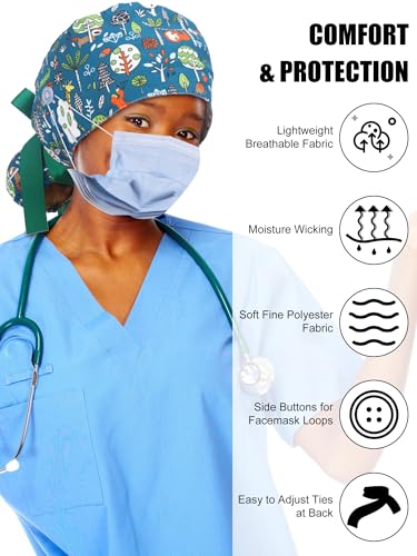 Image of 6 Pc Satin Lined Scrub Caps Women with Buttons Ponytail