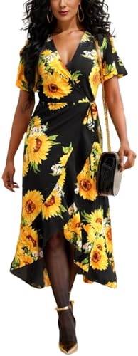 Women’s Deep V Neck Wrap Maxi Dresses Casual Ruffle Hem Split Long Dress