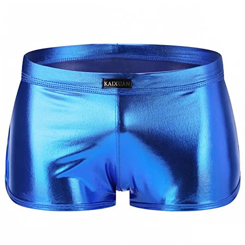 Rexcyril Men's Boxer Sexy Underwear, Stretchy Shiny Metallic Swim Briefs Sparkly Bikini Shorts, Blue, Small #TOP3